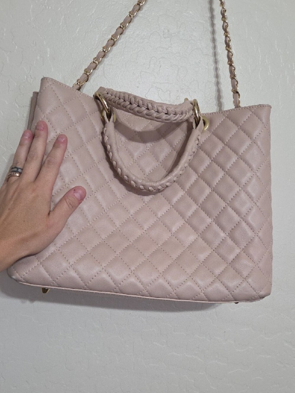 Italian Leather Quilted Bag Made in Italy Blush Pink Gold Chain Real Leather - Picture 10 of 12